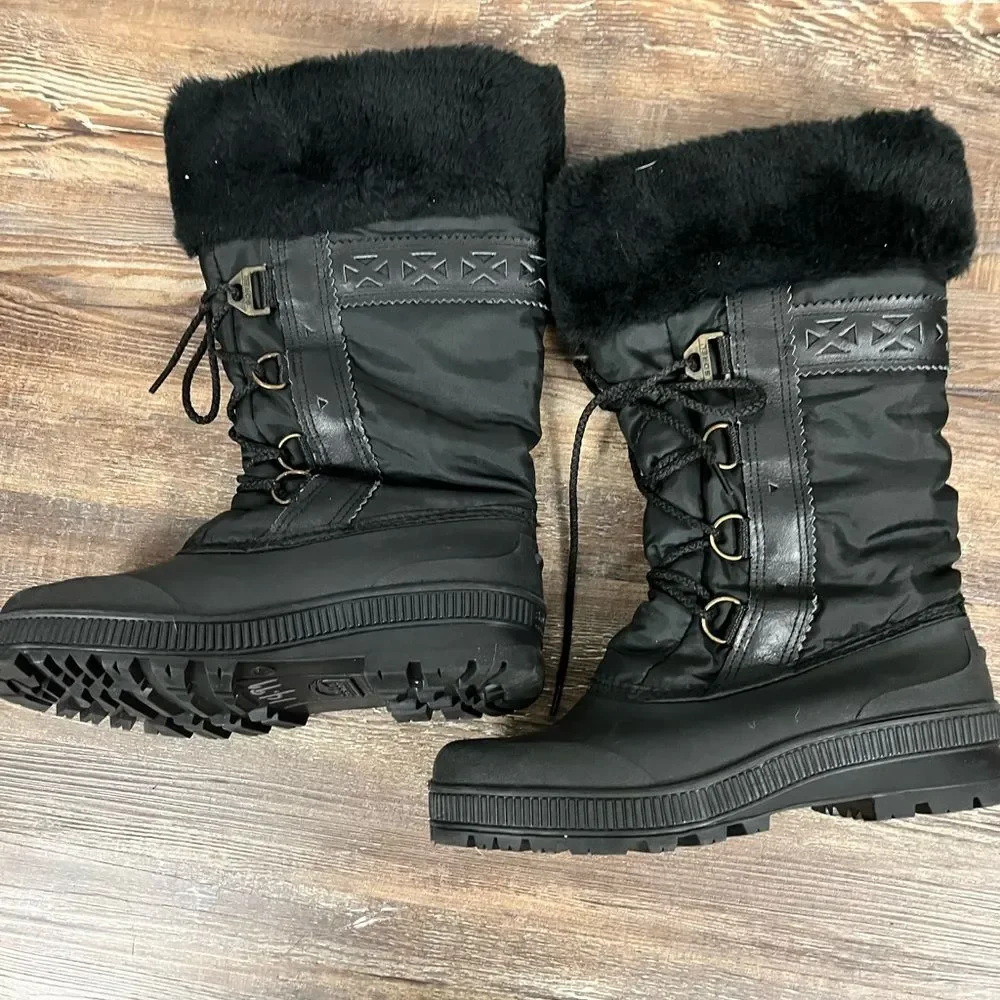 Sorel Vintage Black Midi Lace Up Winter Fleece Lined Faux Fur Collar Size 7